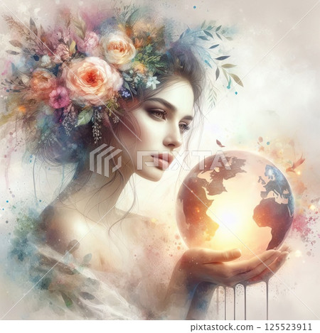 Ethereal Woman Holding Planet with Floral Crown and Watercolor Aura with Generative AI. Ethereal Woman Holding Planet with Floral Crown and Watercolor Aura with Generative AI. 125523911