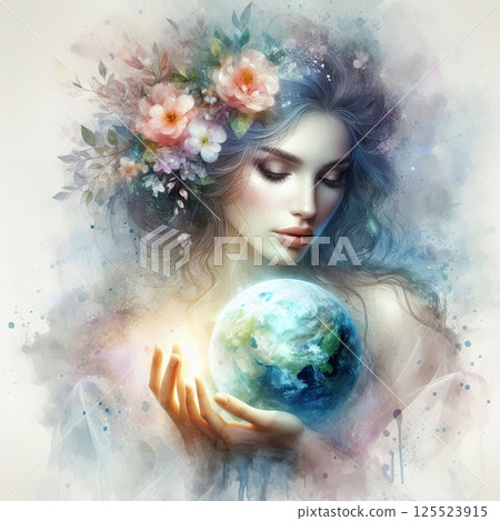 Ethereal Woman Holding Planet with Floral Crown and Watercolor Aura with Generative AI. 125523915