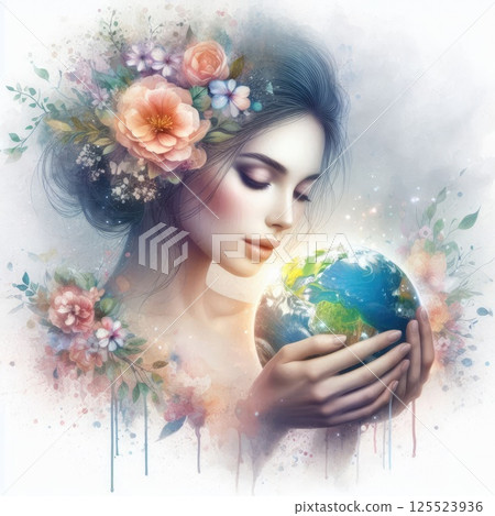 Ethereal Woman Holding Planet with Floral Crown and Watercolor Aura with Generative AI. 125523936
