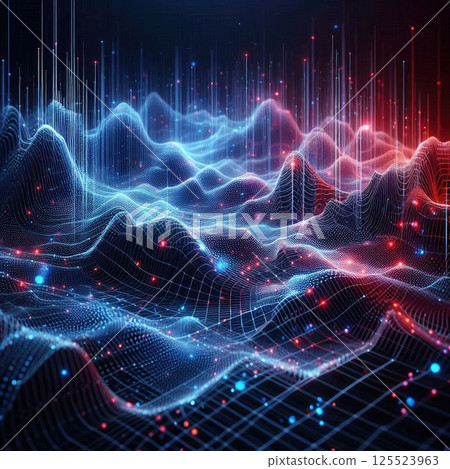 Futuristic Digital Wave: Abstract Data Landscape with Blue and Red Glowing Particles with Generative AI. 125523963
