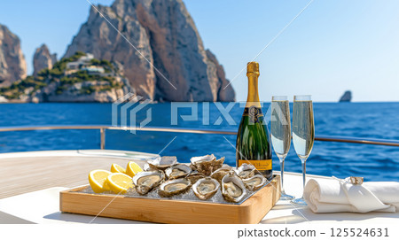 Luxurious yacht experience with champagne and oysters in scenic mediterranean setting Luxurious yacht experience with champagne and oysters in scenic mediterranean setting 125524631