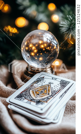 Magical crystal ball and tarot cards with festive bokeh lights Magical crystal ball and tarot cards with festive bokeh lights 125524632