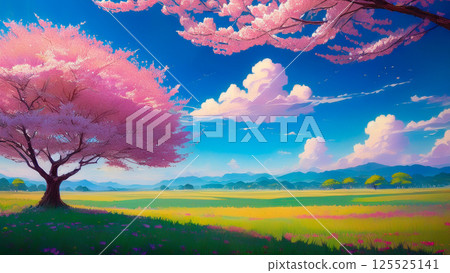 一株櫻花盛開的平原 125525141