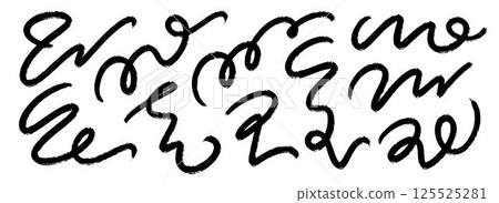 Black squiggle brush stroke set. Wiggly paint line collection. Charcoal curly flourish pack for highlight, underline, emphasis. Crayon wavy undulate strips. Rough chalk scribble swoosh stripes. Vector Black squiggle brush stroke set. Wiggly paint line collection. Charcoal curly flourish pack for highlight, underline, emphasis. Crayon wavy undulate strips. Rough chalk scribble swoosh stripes. Vector 125525281