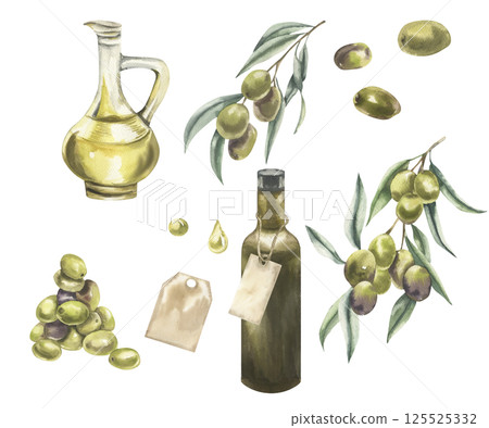 Vegan healthy food watercolor collection with olives,olive oil jug and green bottle, olive fruits,bunch, paper tag and floral elements illustration. Isolated clipart for menu,logo, packing design 125525332