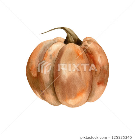 Orange autumn pumpkin watercolor illusration.Isolated seasonal vegetable clipart in gothic style, fall vegan food painting for Halloween poster, card,thanksgiving design 125525340