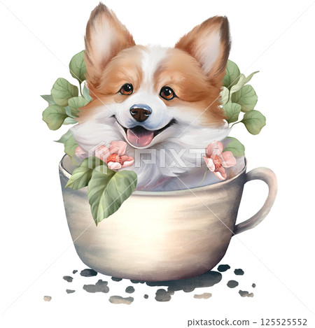 Charming illustration of a happy corgi puppy sitting in a cup surrounded by flowers, perfect for pet lovers and whimsical decor 125525552