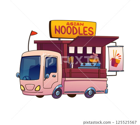 Food truck car or street food festival van with Asian noodles, cartoon vector. Foodtruck or fast food vendor kiosk booth with sign on roof for street market and Asian cuisine festival truck 125525567