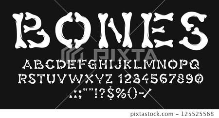 Bones font, Day of the Dead typeface, Halloween skeleton letters type, spooky scary alphabet. Cartoon skeleton bones font abc characters vector typography. Halloween or Dia de los Muertos holiday type 125525568