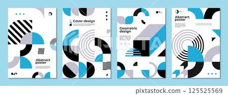 Abstract poster with geometric shapes and pattern. Vector background, cover templates with retro modern minimal geometry forms, lines in blue, black and white for exhibit art, magazine, journal, album 125525569