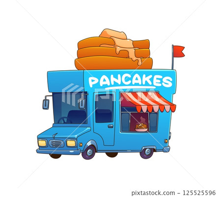 Cartoon pancake food truck car, festival street foodtruck van. Vector vintage blue vehicle features a striped awning, serving window, red flag and a stack of pancakes dripping with syrup on top Cartoon pancake food truck car, festival street foodtruck van. Vector vintage blue vehicle features a striped awning, serving window, red flag and a stack of pancakes dripping with syrup on top 125525596