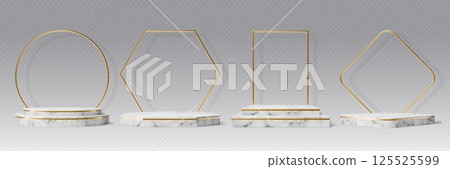 Marble stone podium with golden frames. 3d vector realistic stands or pedestals with geometric borders. White marbleized stone platforms or displays, exhibit or gallery bases for product presentation 125525599