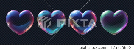 Soap heart bubble, transparent shapes with rainbow iridescent refraction. Realistic 3d vector liquid Valentines day holiday hearts, symbolizing love, romance, magic, fantasy, dream and imagination 125525600