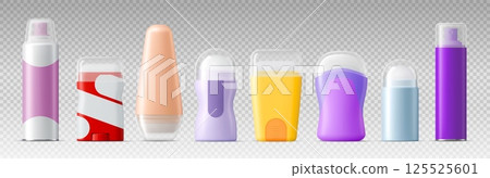 Deodorant package mockups. Realistic 3d vector set of antiperspirant packaging mock ups in spray, roll on and stick formats. Cosmetic containers for skincare, hygiene or personal care product branding 125525601