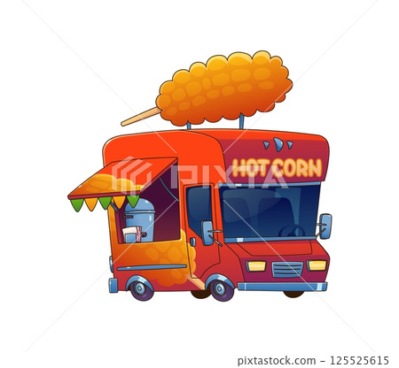 Food truck car or festival street foodtruck van with hot corn dogs, cartoon vector. Street food truck with vendor kiosk booth and corn dog sign on roof for street market and fast food festival truck 125525615