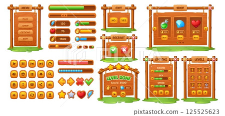 Wooden game interface. Cartoon vector wood ui kit featuring buttons, sliders, progress bars and level completion screens. Playful shop, play, options and score elements for casual or mobile games 125525623