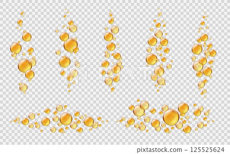 Realistic serum collagen yellow oil bubbles. Isolated 3d vector shiny drops with gold liquid, cosmetic pills or capsules. Oily vitamin essence fizzing droplets, balls set flying or floating in the air 125525624