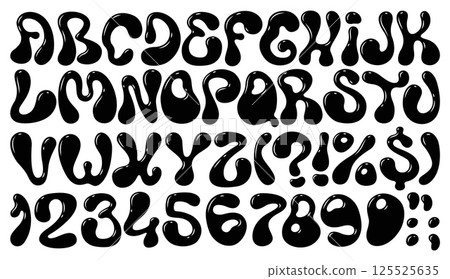 Liquid bubble font, groovy wavy typeface, funky y2k alphabet type of vector fluid black blob letters and numbers. Cartoon ink or paint liquid bubble font english abc typography. Y2k balloon typeface 125525635
