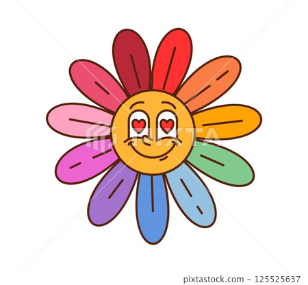 Cartoon groovy daisy flower Valentine character, retro hippie love personage. Vector y2k chamomile floral with colorful petals and hearts in the eyes, radiates joy. Funny daisy bloom with loving face Cartoon groovy daisy flower Valentine character, retro hippie love personage. Vector y2k chamomile floral with colorful petals and hearts in the eyes, radiates joy. Funny daisy bloom with loving face 125525637