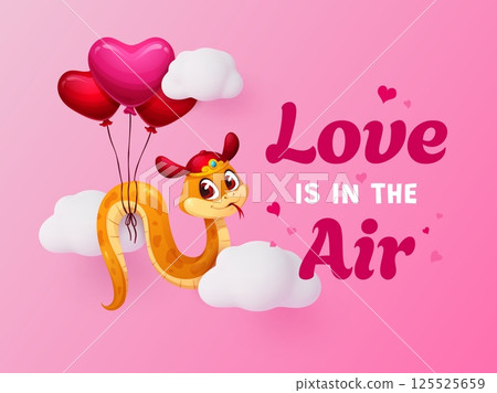 Love is in the air valentine greeting card. Vector holiday banner featuring cute cartoon snake flying on balloons in pin k cloudy sky, surrounded by hearts, symbolizing affection and celebration 125525659