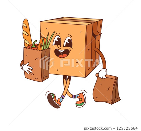 Happy cartoon groovy delivery cardboard box character walking with a grocery bag filled with bread and vegetables in one hand and a paper bag in the other. Fun, cheerful packing courier personage Happy cartoon groovy delivery cardboard box character walking with a grocery bag filled with bread and vegetables in one hand and a paper bag in the other. Fun, cheerful packing courier personage 125525664