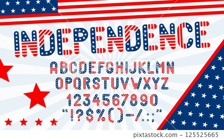 USA patriotic flag font, american US typeface, United States type letters, red blue and white english alphabet vector typography. USA Independence Day font with stars and stripes flag pattern USA patriotic flag font, american US typeface, United States type letters, red blue and white english alphabet vector typography. USA Independence Day font with stars and stripes flag pattern 125525665