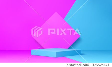 3d cosmetic product podium stand. Vector geometric square display on a split pink and blue contrast background. Modern, playful platform for product mockups, fashion promotions or cosmetic showcases 125525671