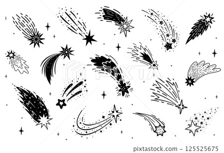 Doodle shooting space stars with trails, meteors and comets falling silhouettes. Cosmic galaxy hand drawn meteorite traces isolated monochrome vector symbols set. Streaks of light and energy in motion Doodle shooting space stars with trails, meteors and comets falling silhouettes. Cosmic galaxy hand drawn meteorite traces isolated monochrome vector symbols set. Streaks of light and energy in motion 125525675