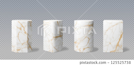 Marble stone pillar podiums with golden streaks. Realistic 3d vector white column pedestal stands or blocks of geometric shapes like square, cylindrical, hexagonal. Pillar platforms, displays or bases 125525738