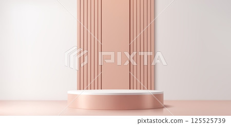 Beige pedestal podium stage with vertical panel background. Clean and elegant neutral studio setting for cosmetic, fashion or product display with soft peach and white tones evoke calmness and luxury 125525739