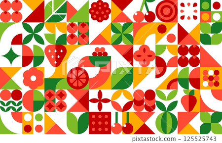 Berry fruits geometric pattern. Vector background of fresh strawberry, raspberry, cranberry and cherry berries, green apples and oranges. Abstract geometric shapes mosaic pattern of flat fruit slices Berry fruits geometric pattern. Vector background of fresh strawberry, raspberry, cranberry and cherry berries, green apples and oranges. Abstract geometric shapes mosaic pattern of flat fruit slices 125525743