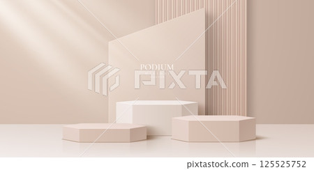 Beige product podium stage with soft shadows and geometric shapes. Realistic 3d vector platform for product display or branding mockups. Elegant pedestals, presentation setup with subtle lighting 125525752