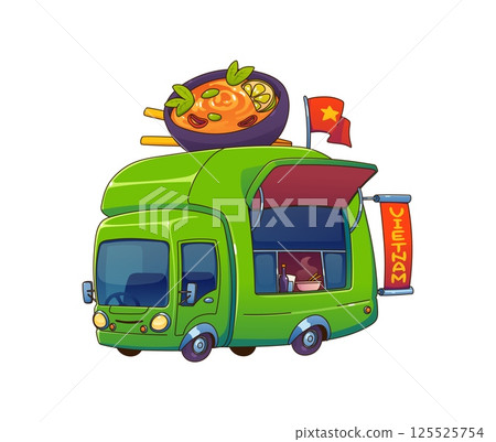 Food truck or Vietnam cuisine street food car van, cartoon vector mobile kiosk. Asian fast food truck or street food booth with Vietnamese dish bowl and chopsticks sign for street market vendor 125525754