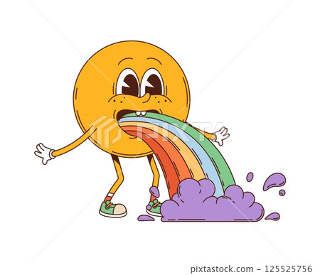 Cartoon groovy yellow smile face retro hippie character with rainbow barf. Vector funky emoji personage, psychedelic emoticon vomiting a rainbow with purple clouds, highlighting nostalgic y2k fun Cartoon groovy yellow smile face retro hippie character with rainbow barf. Vector funky emoji personage, psychedelic emoticon vomiting a rainbow with purple clouds, highlighting nostalgic y2k fun 125525756