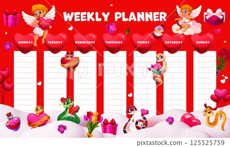 Weekly planner schedule with love hearts and cherubs, valentines day snakes, flowers, balloons and love potion bottles on red background. Vector romantic organizer template for each day notes or plans 125525759