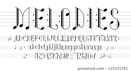 Musical notes font, music melody rhythm typeface, symphony type, piano letters alphabet vector typography. English abc characters on sheet music background. Musical notes stave font alphabet letters 125525761