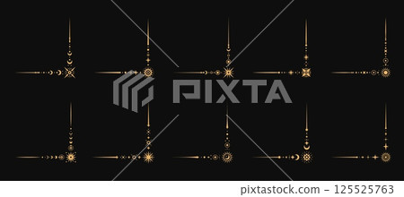 Celestial magic esoteric border corners. Vector set of Boho angle frames, elegant space decoration with a stellar embellishments. Decorative golden corners with stars, moons, suns and cosmic patterns 125525763