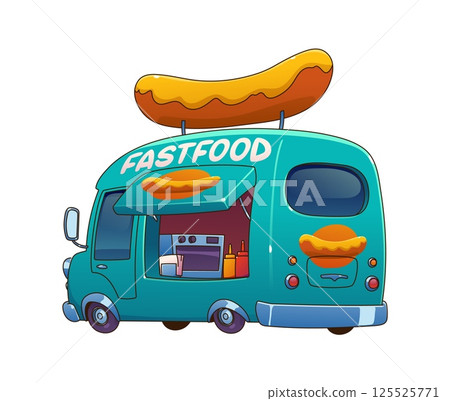 Food truck car or festival street foodtruck van with hot dogs, cartoon vector. Street food truck and fast food vendor kiosk booth with sausage sign on roof for street market and cuisine festival truck 125525771