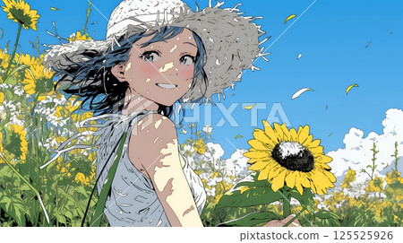 Young woman strolling through a sunflower field on a sunny summer day 125525926