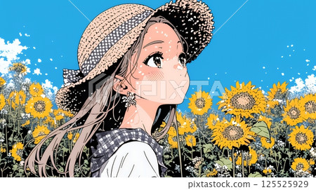 Young woman strolling through a sunflower field on a sunny summer day 125525929