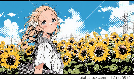 Young woman strolling through a sunflower field on a sunny summer day 125525935