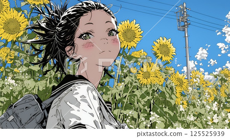 A young woman with dark hair strolling through a sunflower field on a sunny summer day 125525939
