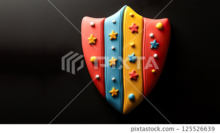 3D illustration of a shield with colorful stars on a black background 125526639