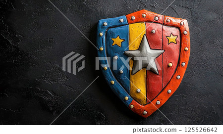 黑色背景上帶有彩色星星的盾牌的 3D 插圖 125526642