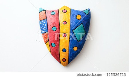 盾牌的 3D 插圖，白色背景上具有彩色和流行設計 125526713