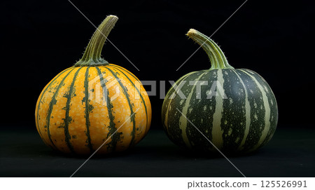 Two pumpkins against a dark background. Two pumpkins against a dark background. 125526991