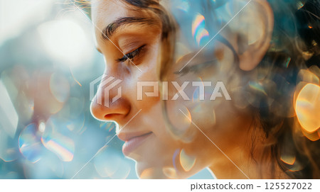 Woman with a reflective bokeh effect. 125527022