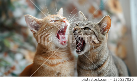 Two cats yawning together in unison. 125527026