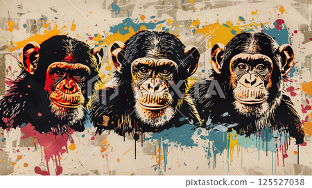 Artistic depiction of three chimps in color. 125527038