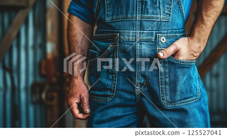 Close-up of hands in denim pockets. 125527041
